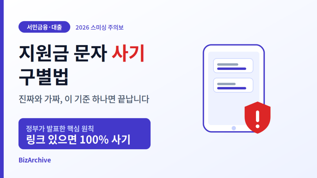 지원금 문자 사기 구별법을 정리한 2026년 안내로, 링크 있으면 100% 사기라는 정부 핵심 원칙과 경고 표시가 있는 스마트폰을 보여줌